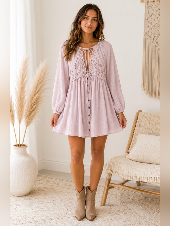 Free People Dresses & Skirts - Free People soft boho lavender mini dress with lace-trim bodice. Size SP